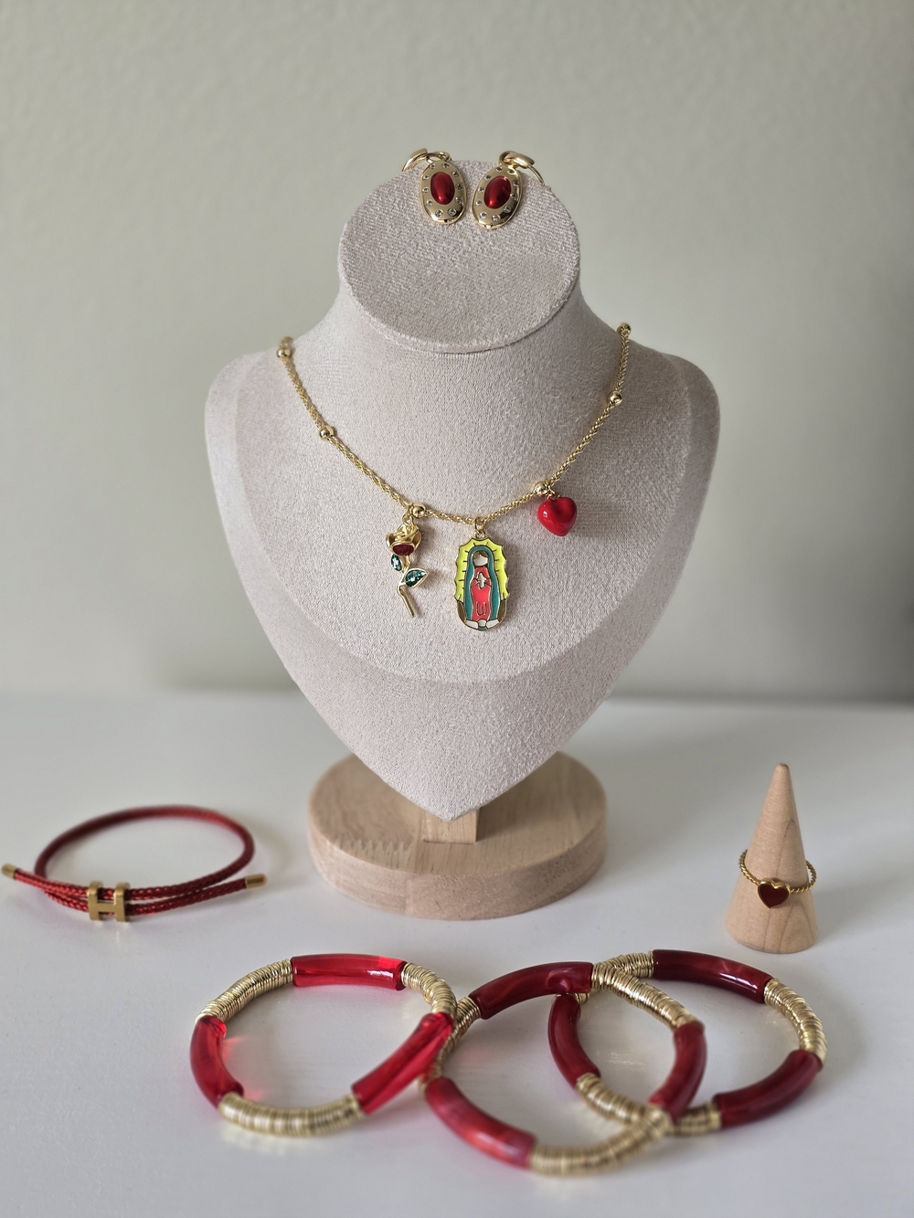 Gold-Tone Necklace with Red Heart & Religious Pendant